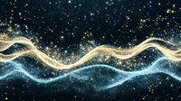 Abstract flowing waves with golden and blue glittering particles on dark background. Luxury digital art for elegant designs and premium branding projects.