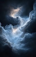 Dramatic storm clouds with rays of light breaking through dark atmospheric formations create ethereal skyscape. Moody weather phenomenon with celestial illumination.