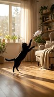 Black cat jumping to catch paper airplane in sunlit living room with wooden floor, comfortable furniture, potted plants, and warm natural light from window, suitable for pet, home decor, and lifestyle content.