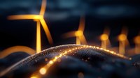Glowing digital wave with wind turbines in dark background representing renewable energy technology and sustainable power generation.