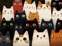 Colorful cat faces pattern featuring white, black, orange, and brown cats with expressive eyes. Seamless repeat design for fabric, wallpaper, and children decor.