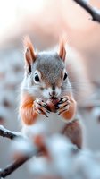 Cute red squirrel holding nut in snowy winter setting with blurred background, suitable for wildlife, nature, and seasonal design projects.