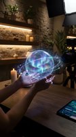 Hands holding holographic planet with rings floating above wooden table in modern interior with warm lighting for futuristic technology concepts.