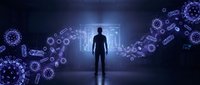 Man silhouette standing in hospital corridor surrounded by floating coronavirus particles in blue medical environment for pandemic healthcare concepts.