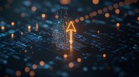 Glowing orange arrow rises from digital circuit board with bokeh lights and futuristic technology elements in blue tones, representing business growth and digital transformation.