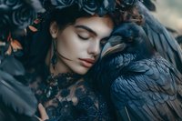 Young woman with dark makeup and floral crown in mystical portrait with black raven, dramatic moody atmosphere in dark blue tones. Fantasy art concept.