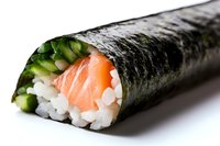 Fresh salmon and cucumber sushi roll wrapped in crisp nori seaweed sheet, close-up view showing layered ingredients and traditional preparation.