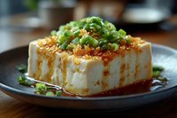 Fresh silken tofu block topped with savory sauce, sesame seeds and chopped green onions on dark plate. Japanese appetizer ready for healthy dining experience.