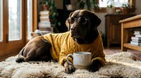 Adorable pug dog wearing yellow sweater and glasses sitting with coffee mug in cozy home library setting for lifestyle and pet concept designs.
