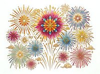 Colorful fireworks bursting in celebration with gold, pink, and blue starburst patterns on white background, isolated for festive event design and party graphics.
