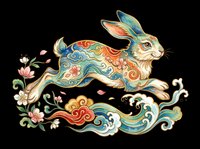 Colorful leaping rabbit with traditional Asian floral and wave patterns, isolated on transparent background, ready for t-shirt design, stickers, and print on demand.
