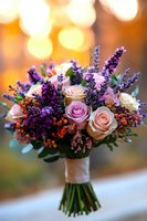 Wedding bouquet with pink and peach roses, purple lavender, and orange berries against blurred golden bokeh background, wrapped in white ribbon.