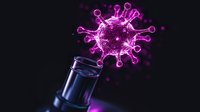 Glowing purple virus particle emerging from dark laboratory test tube against black background, scientific research concept visualization.