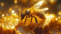 Honey bee collecting nectar from golden honeycomb cells in warm sunlight with magical bokeh effect background, macro nature photography showing intricate details.