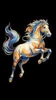 Watercolor rearing horse with flowing blue and gold mane, isolated on transparent background. Great for t-shirt design, stickers, sublimation, clipart, and print on demand.