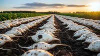 Fresh harvested potatoes lying in rows on agricultural field during golden sunset creating rustic farm landscape for organic food concepts.