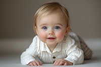 Adorable Caucasian baby with blue eyes and blonde hair smiling while lying on a white surface, wearing a soft white outfit.