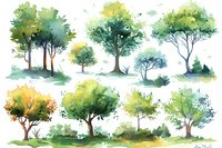 Watercolor collection of green trees and bushes painted in soft spring colors, perfect for nature-themed designs, cards, and botanical illustrations.