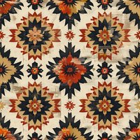 Geometric floral pattern in southwestern style with star burst motifs in rust orange, navy blue and beige on textured background. Seamless repeat design for fabric.