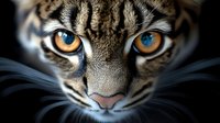 Close-up portrait of clouded leopard face with intense amber eyes, detailed fur pattern and whiskers against dark background, dramatic lighting highlights facial features.