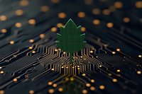 Green tree shape emerging from circuit board with glowing orange connections, representing sustainable technology and eco-friendly innovation in electronics.