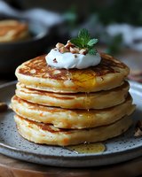 Stack of fluffy buttermilk pancakes topped with whipped cream, chopped nuts, fresh mint leaves and drizzled with maple syrup on gray ceramic plate, close up view.