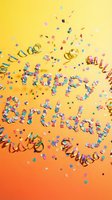 Happy Birthday text made from colorful confetti and scattered party decorations on gradient yellow to orange background. Festive celebration design for greeting cards and event invitations.