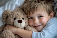 Caucasian boy with blonde hair hugging brown teddy bear while lying in bed. Close up portrait showing innocent smile and tender childhood moment.