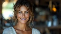 Young woman with radiant smile and natural makeup wearing casual white top, soft bokeh background creates warm atmosphere. Messy updo hairstyle with loose strands frames face.