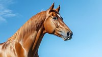 Majestic chestnut horse with distinctive profile against vibrant blue sky background, showcasing strong neck and alert expression. Suitable for equestrian themes.