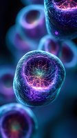 Microscopic cell structure with glowing nucleus and membrane in vibrant blue and purple colors for medical research and biotechnology applications.