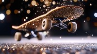 Skateboard in mid-air with water droplets and bokeh lights creating magical atmosphere against dark background, dynamic sports action photography.