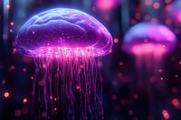 Glowing purple jellyfish with bioluminescent tentacles floating in dark waters amid magical bokeh lights, creating ethereal underwater atmosphere.