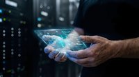 Male hand holding glowing digital globe with network connections in server room environment. Technology, data transfer, global connectivity, cloud computing, and digital transformation concept.