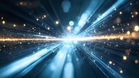 Abstract light rays bursting from center point with blue and gold glowing particles and bokeh effects creating dynamic motion background for technology concepts.