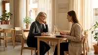 Two professional women having business meeting in modern cafe discussing documents and strategy over coffee in bright natural lighting.