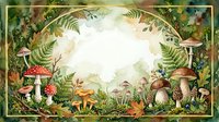 Watercolor forest frame with mushrooms, ferns, and berries surrounding a soft blank center, perfect for nature-themed cards and invitations.