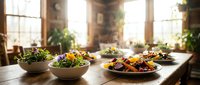 Fresh colorful salads and healthy meals arranged on rustic wooden dining table in bright sunlit kitchen interior for nutritious eating lifestyle.