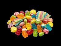 Colorful mixed candy assortment with gummy bears, lollipops, and sour strips, isolated on transparent background, ready for stickers, t-shirt design, and print on demand.
