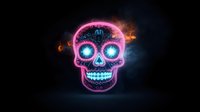 Glowing neon skull with pink outline and blue eyes on dark background, decorative Day of the Dead style design with ornamental details and smoke effects.