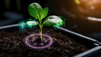 Young green seedling growing in soil with futuristic digital interface elements, representing agricultural technology and smart farming innovation.