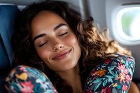 Young Hispanic woman sleeping peacefully on airplane with gentle smile, wearing floral pattern dress, natural sunlight from window illuminates her relaxed face and curly hair.