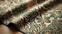 Elegant vintage floral pattern fabric with intricate botanical motifs in green and gold tones on beige background for luxury textile design projects.