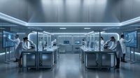 Futuristic laboratory with scientists in protective suits conducting research at modern workstations with advanced technology and sterile environment.