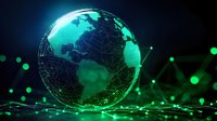 Glowing green digital Earth globe with network connections and particle effects on dark background, representing global technology and communications.