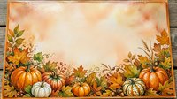 Autumn harvest border with pumpkins, gourds and fall foliage on warm watercolor background for seasonal greeting cards, invitations and thanksgiving designs.