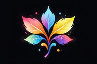 Vibrant rainbow-colored leaves arranged in a decorative fan pattern with delicate veining and floating dots on black background, isolated design element for creative projects.