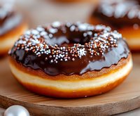 Fresh chocolate glazed donut with white sprinkles on wooden board, close-up view showing rich dark ganache coating and fluffy texture. Sweet pastry food photography.