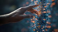 Male hand touching digital data visualization with glowing orange particles against dark blue background, representing technology interaction and data analysis.