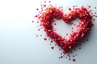 Red heart shape formed by small scattered heart confetti on light background, creating romantic valentine day composition with negative space.